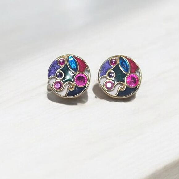 Beautiful Vintage Clip on Earrings Enamel and Gemstone Gold Tone - Picture 1 of 4